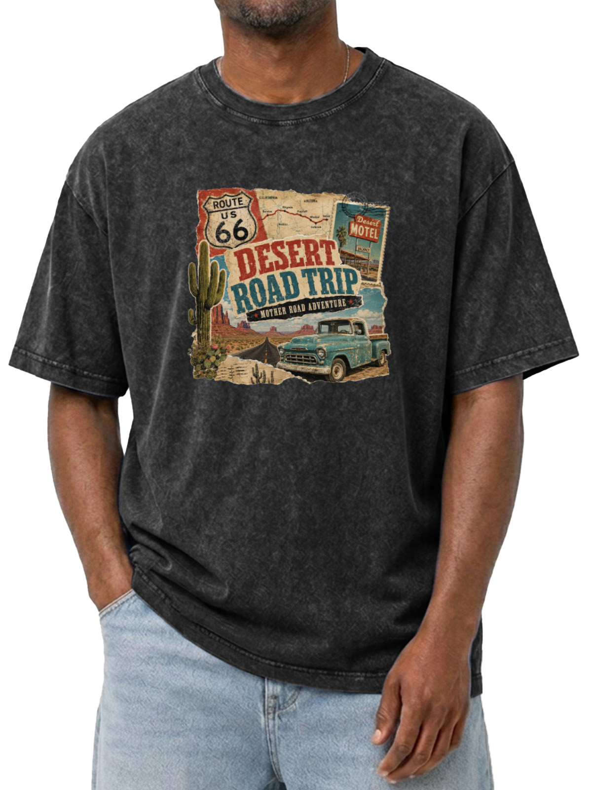 Men’s Vintage Washed Oversized T-Shirt with Desert Road Trip Route 66 Graphic