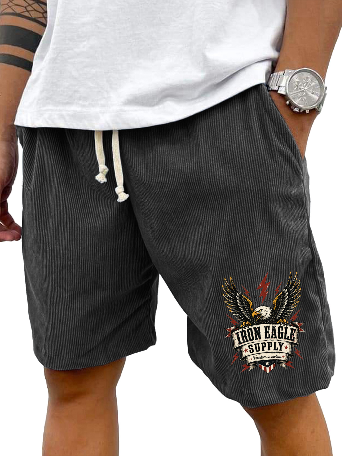 Men’s Corduroy Drawstring Shorts with Iron Eagle Supply Graphic