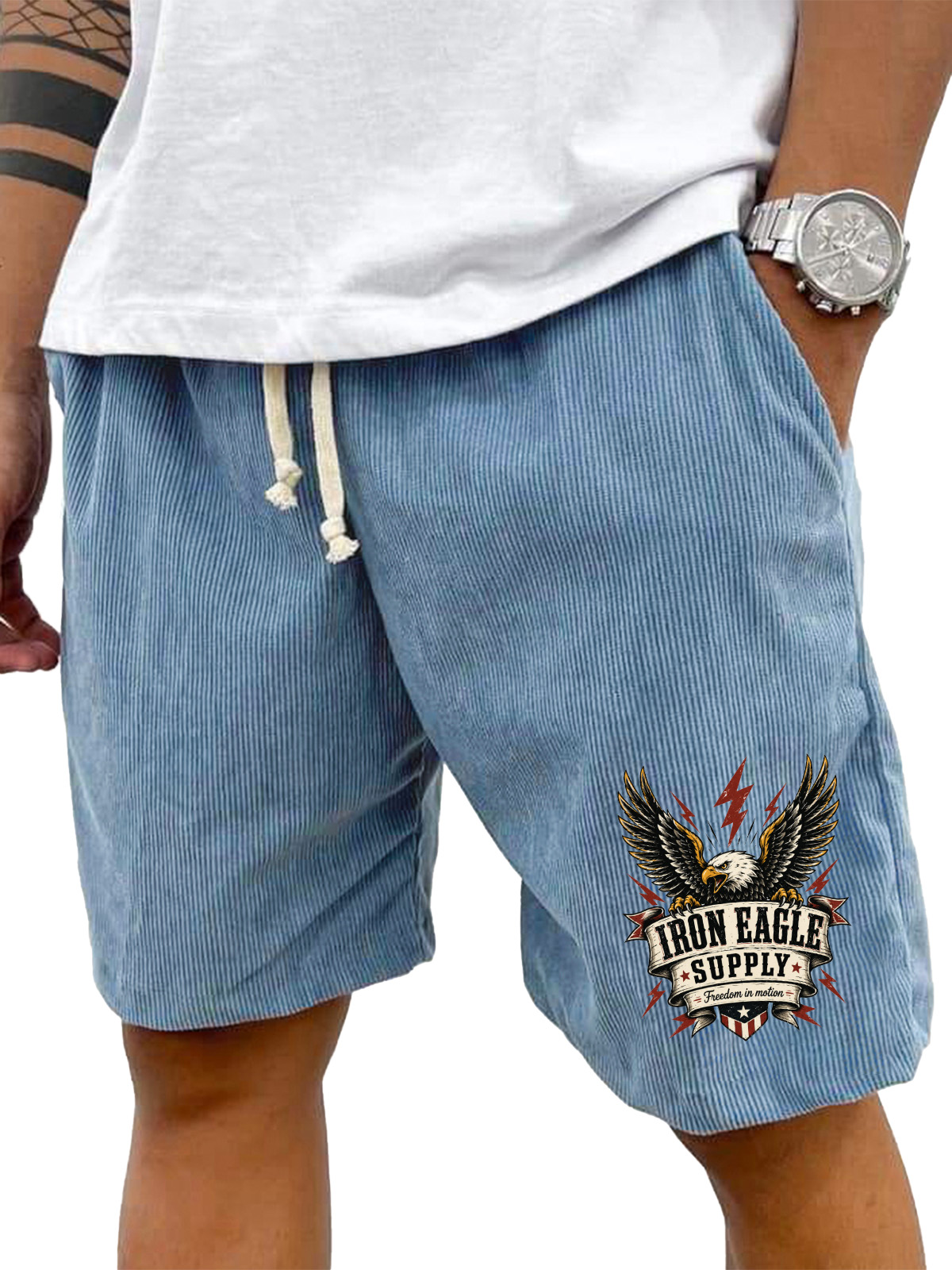 Men’s Corduroy Drawstring Shorts with Iron Eagle Supply Graphic