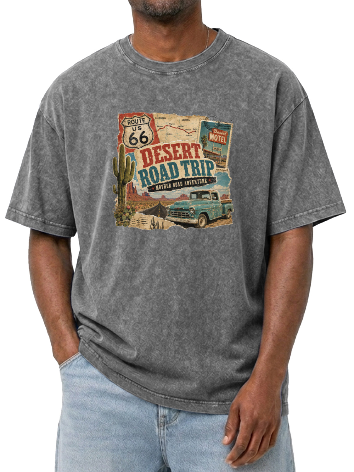 Men’s Vintage Washed Oversized T-Shirt with Desert Road Trip Route 66 Graphic