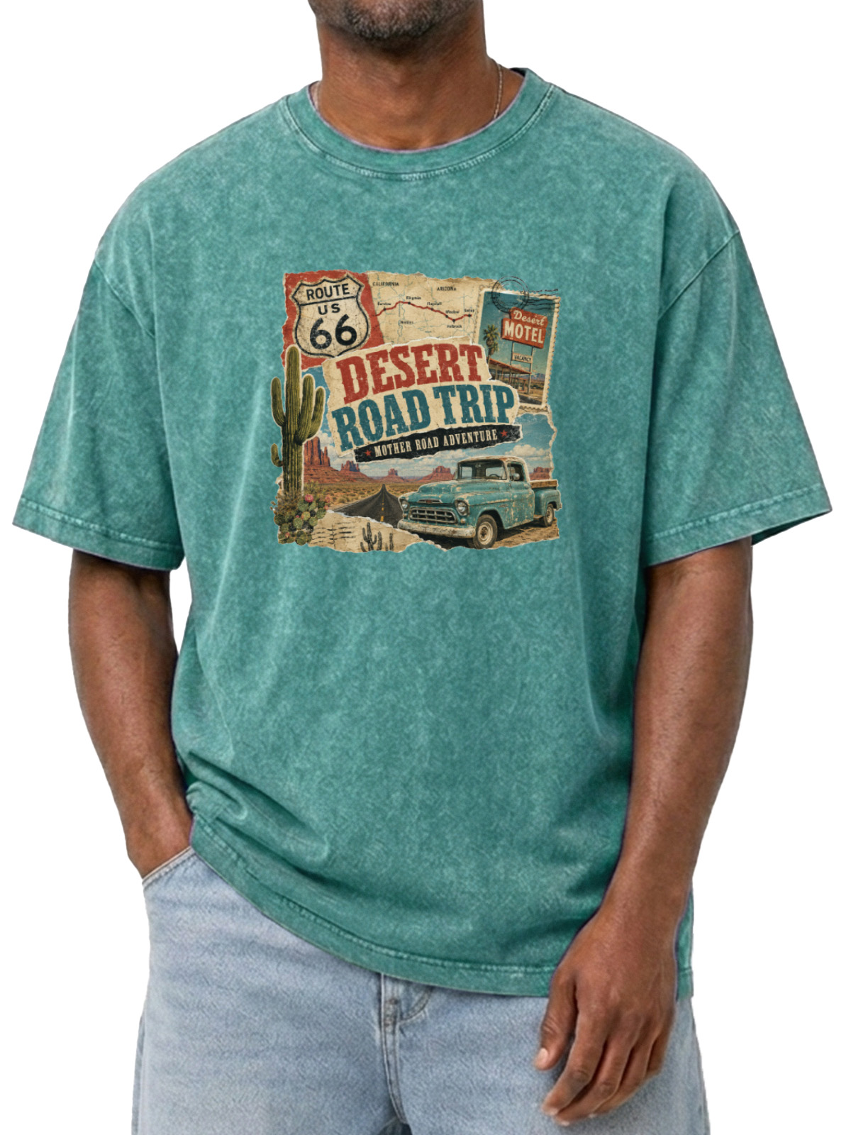 Men’s Vintage Washed Oversized T-Shirt with Desert Road Trip Route 66 Graphic