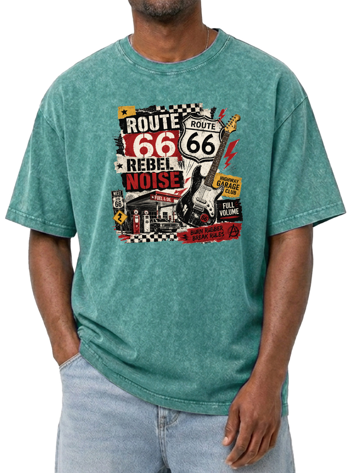 Men’s Route 66 Rebel Noise Tee Retro Garage Rock Graphic Washed T-Shirt