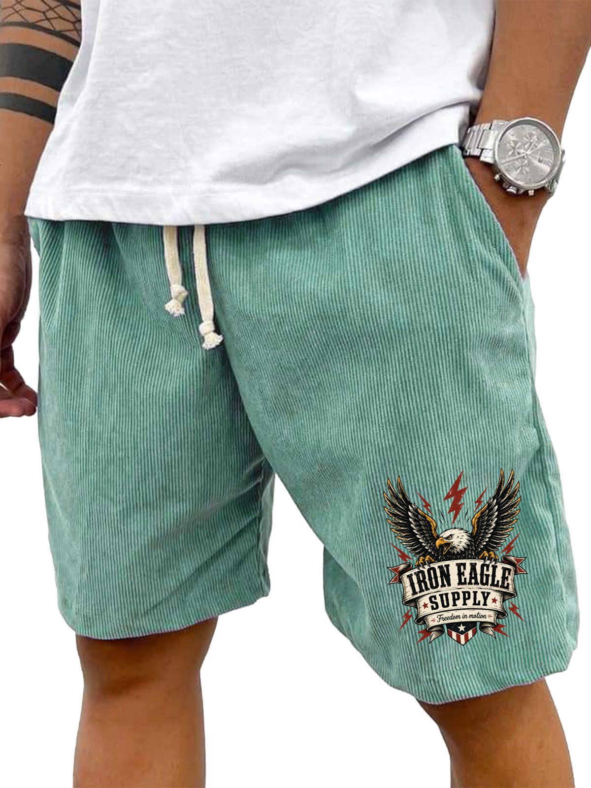 Men’s Corduroy Drawstring Shorts with Iron Eagle Supply Graphic