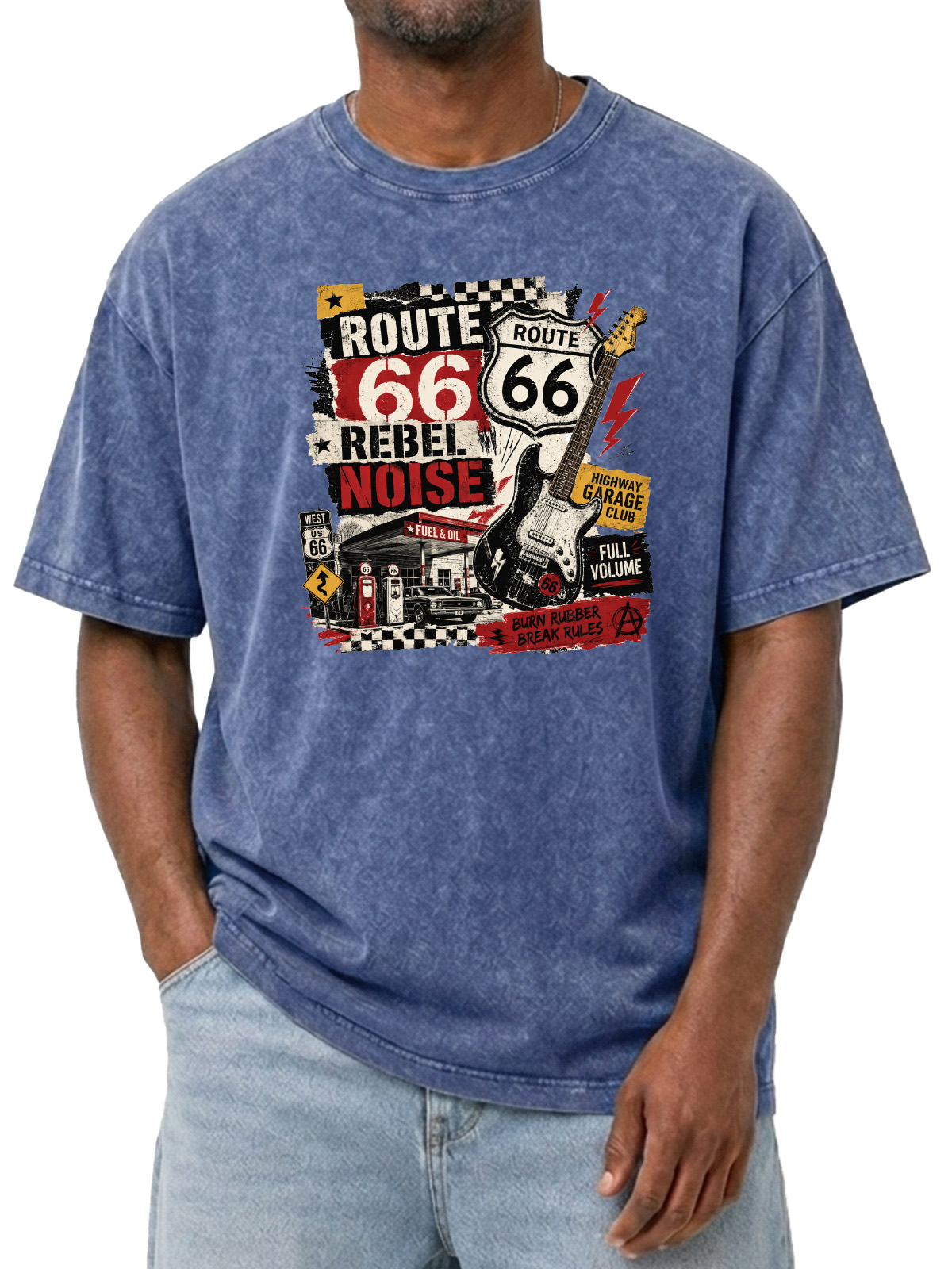 Men’s Route 66 Rebel Noise Tee Retro Garage Rock Graphic Washed T-Shirt