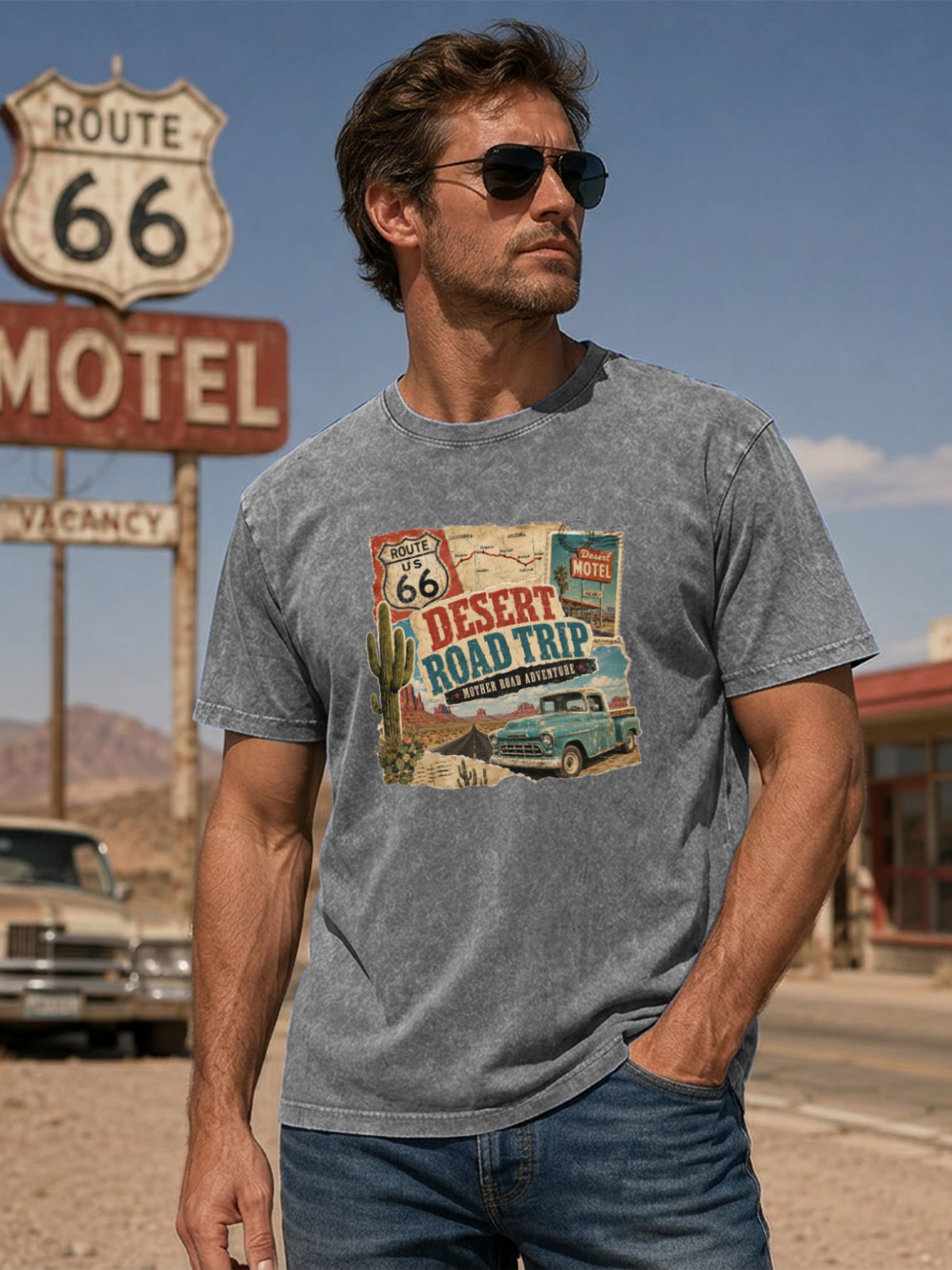 Men’s Vintage Washed Oversized T-Shirt with Desert Road Trip Route 66 Graphic