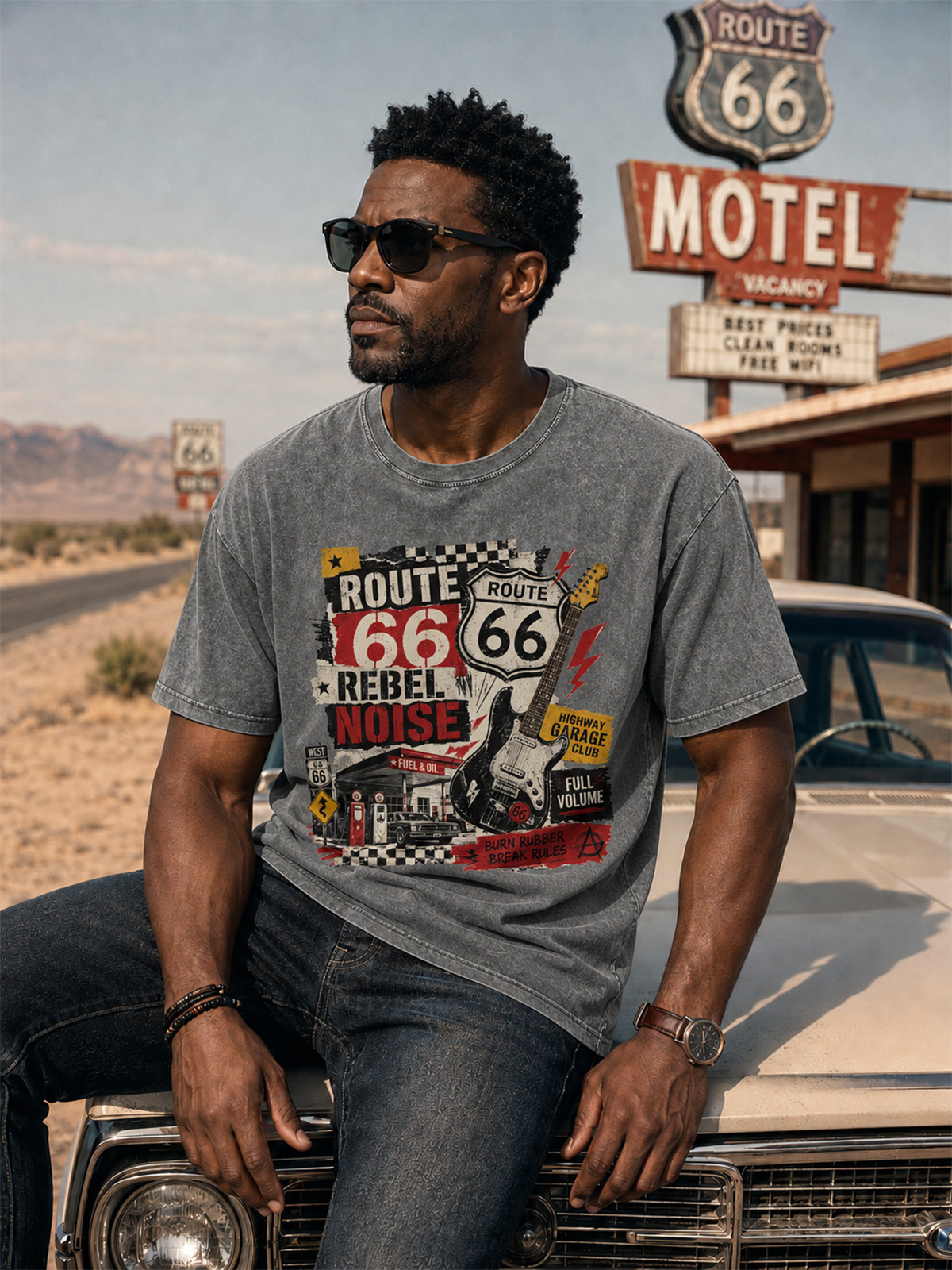 Men’s Route 66 Rebel Noise Tee Retro Garage Rock Graphic Washed T-Shirt