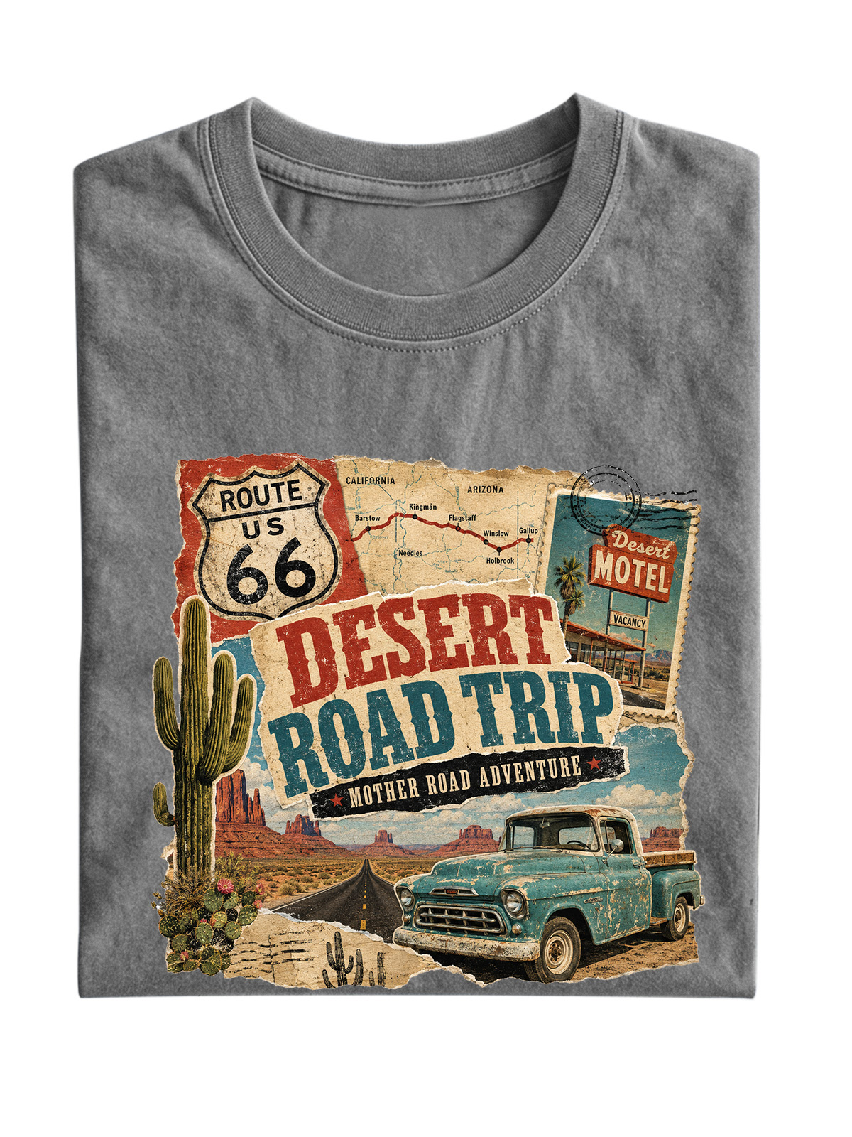 Men’s Vintage Washed Oversized T-Shirt with Desert Road Trip Route 66 Graphic