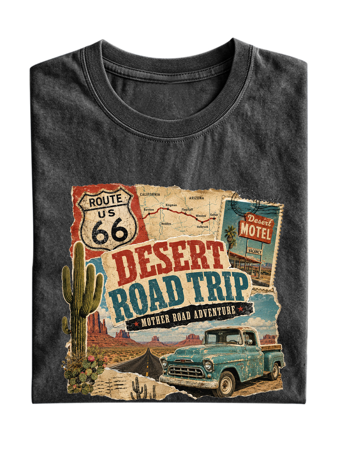 Men’s Vintage Washed Oversized T-Shirt with Desert Road Trip Route 66 Graphic