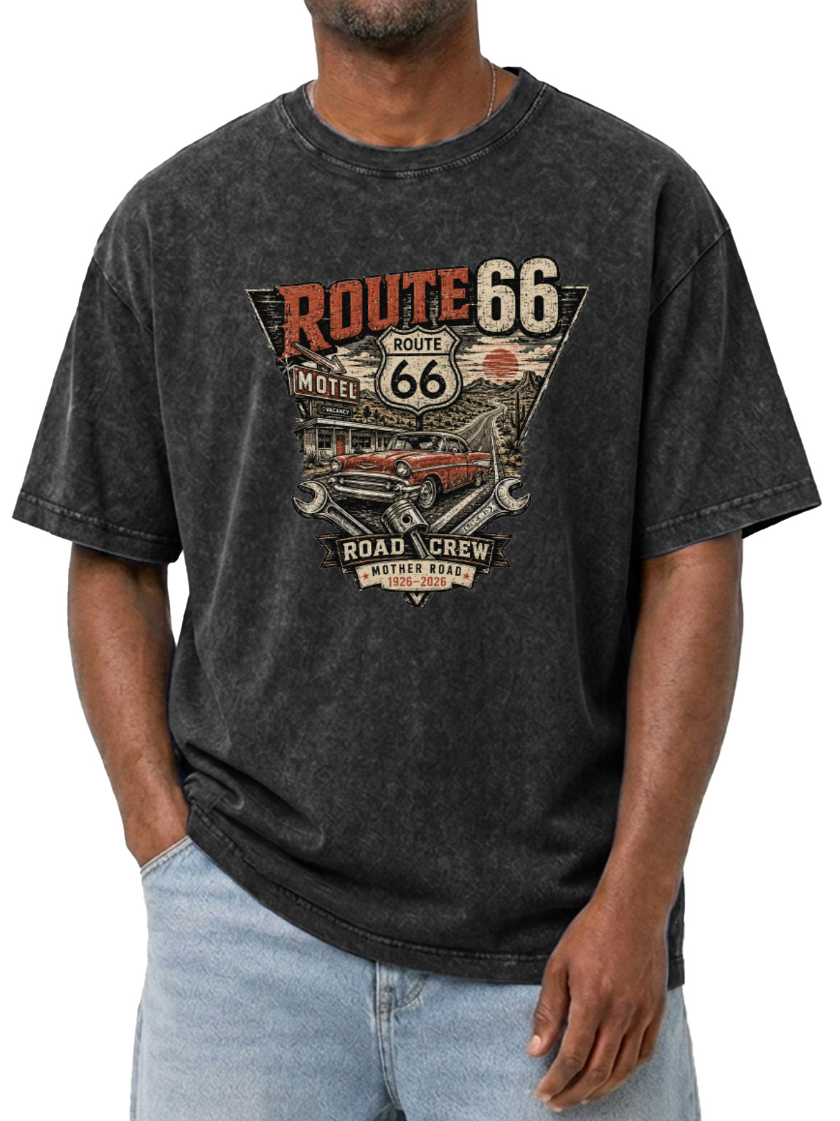Men’s Vintage Washed Oversized T-Shirt with Route 66 Road Crew Vintage Car Graphic