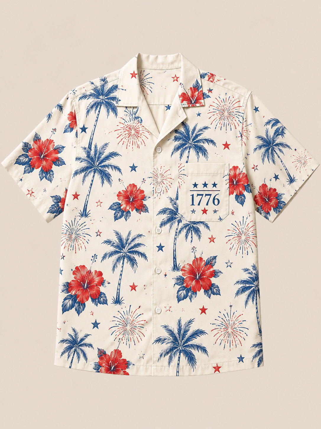 Men’s 1776 Hawaiian Shirt with Palm Tree Hibiscus and Fireworks Print