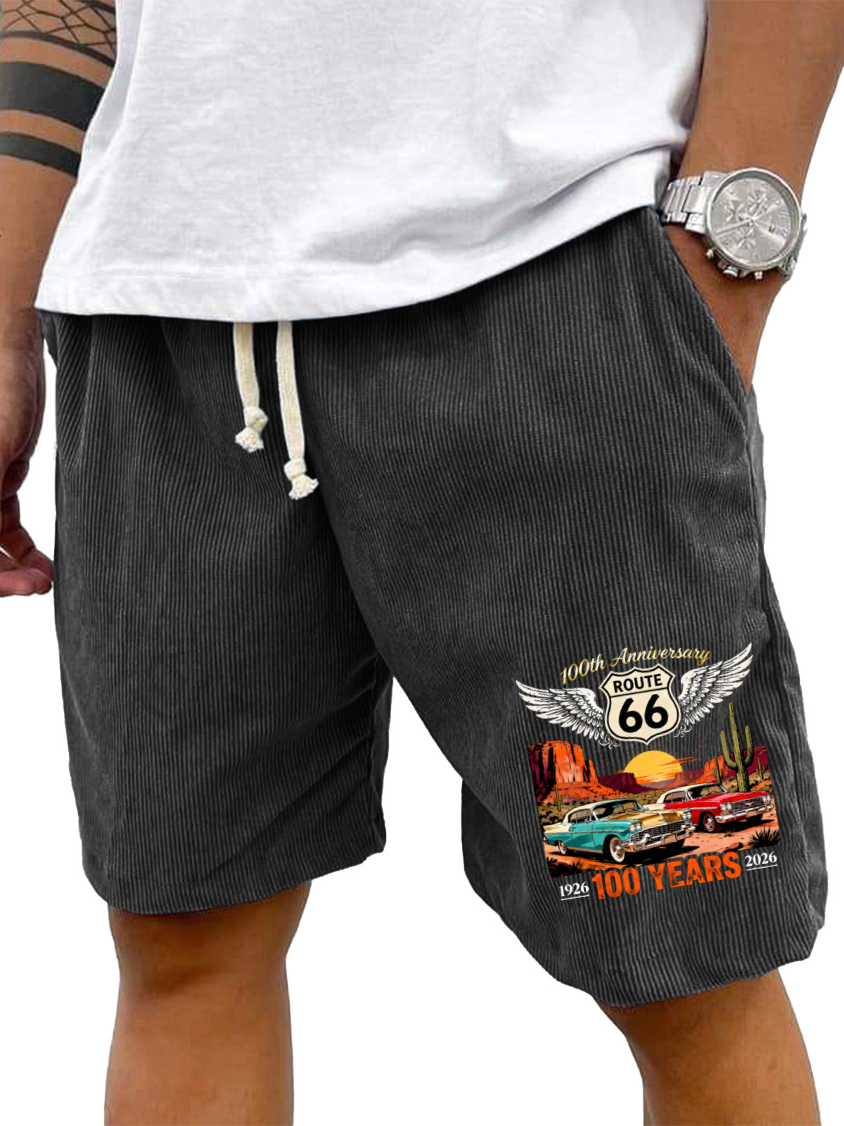 Men’s Corduroy Drawstring Shorts with Route 66 100 Years Graphic