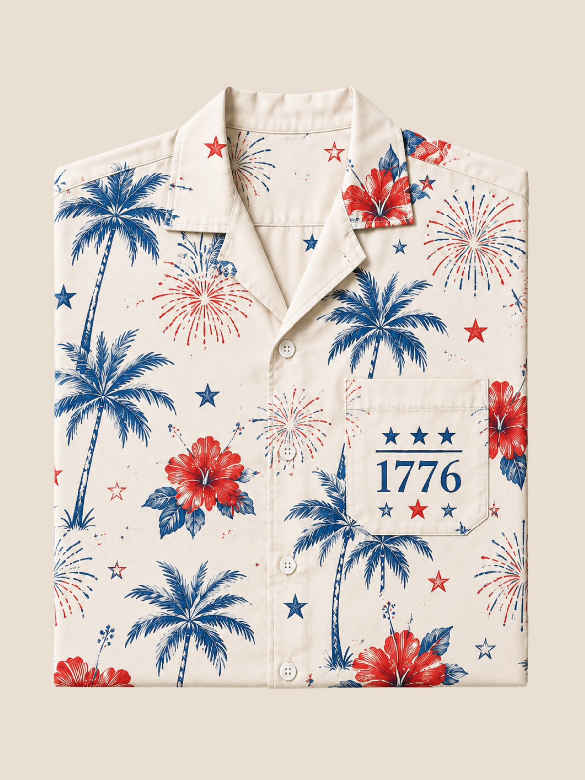 Men’s 1776 Hawaiian Shirt with Palm Tree Hibiscus and Fireworks Print