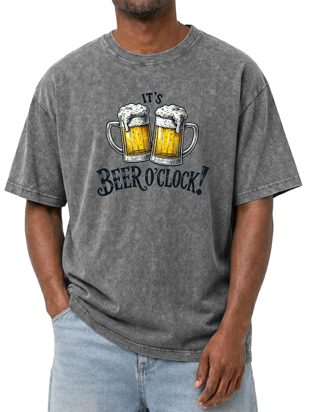 It's Beer O'clock Printed Washed Cotton T-shirt
