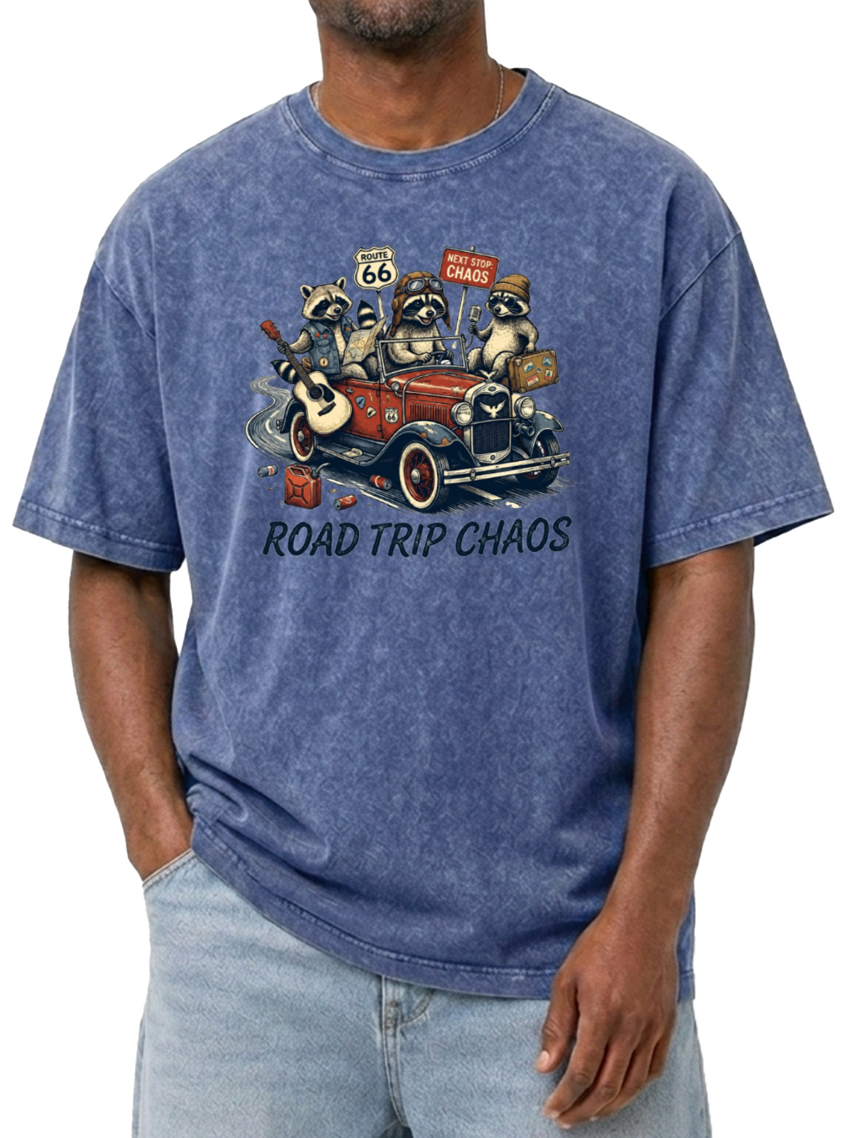 Men’s Road Trip Chaos T-Shirt Funny Raccoon Vintage Car Graphic Tee