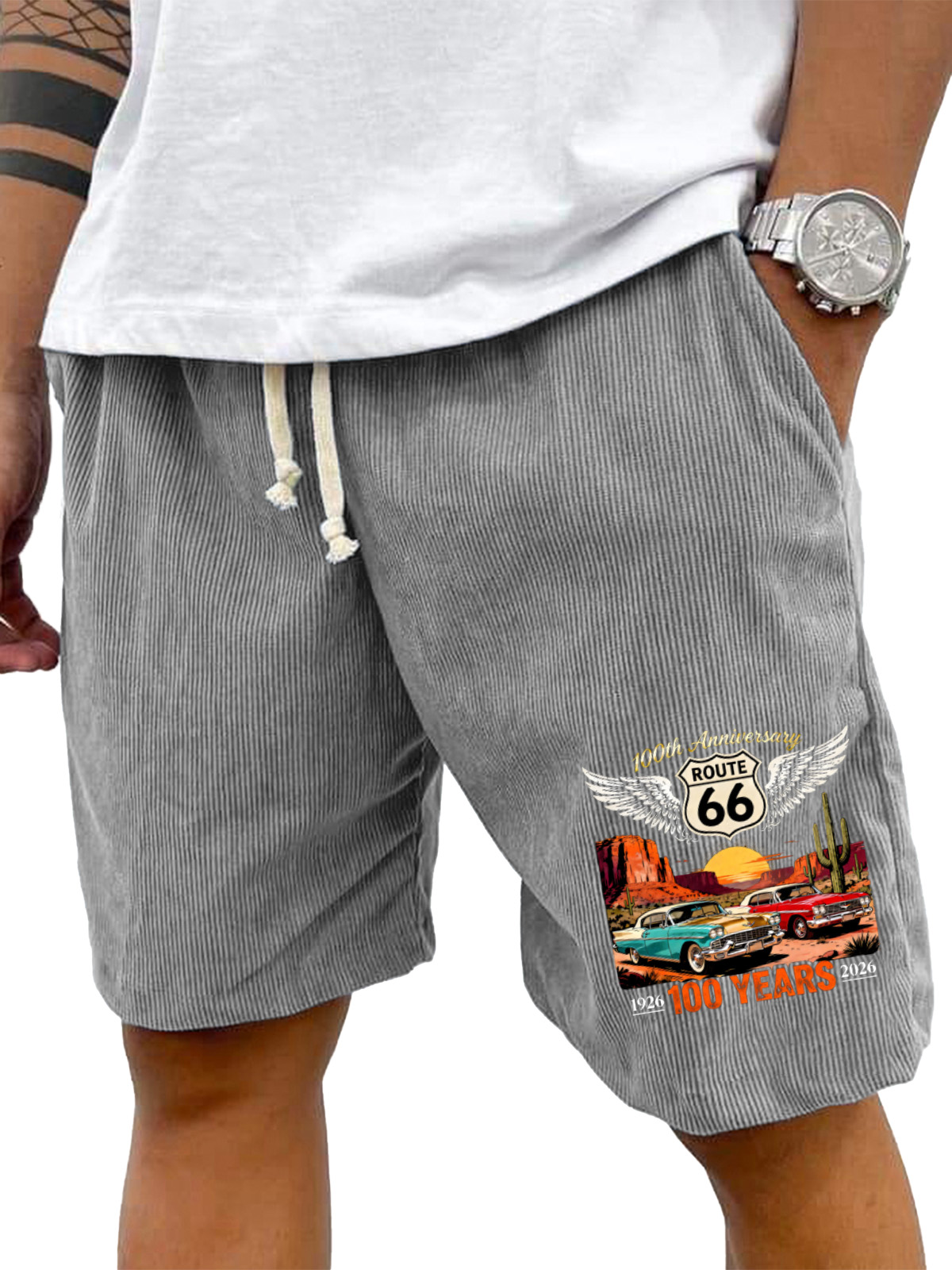 Men’s Corduroy Drawstring Shorts with Route 66 100 Years Graphic