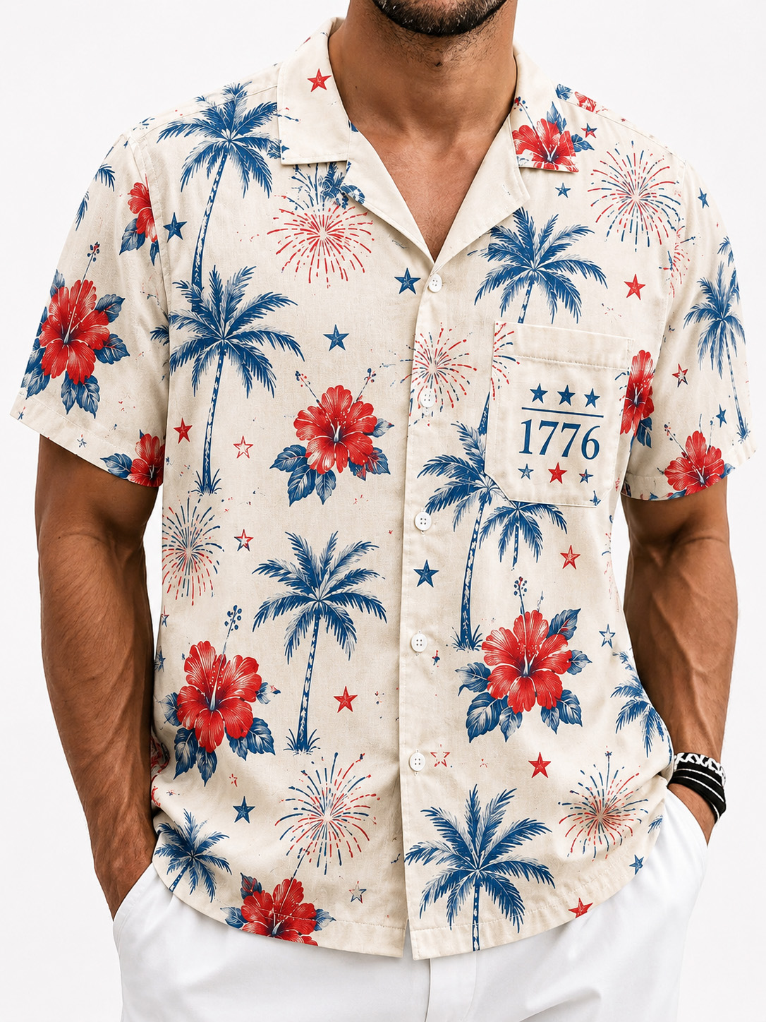 Men’s 1776 Hawaiian Shirt with Palm Tree Hibiscus and Fireworks Print