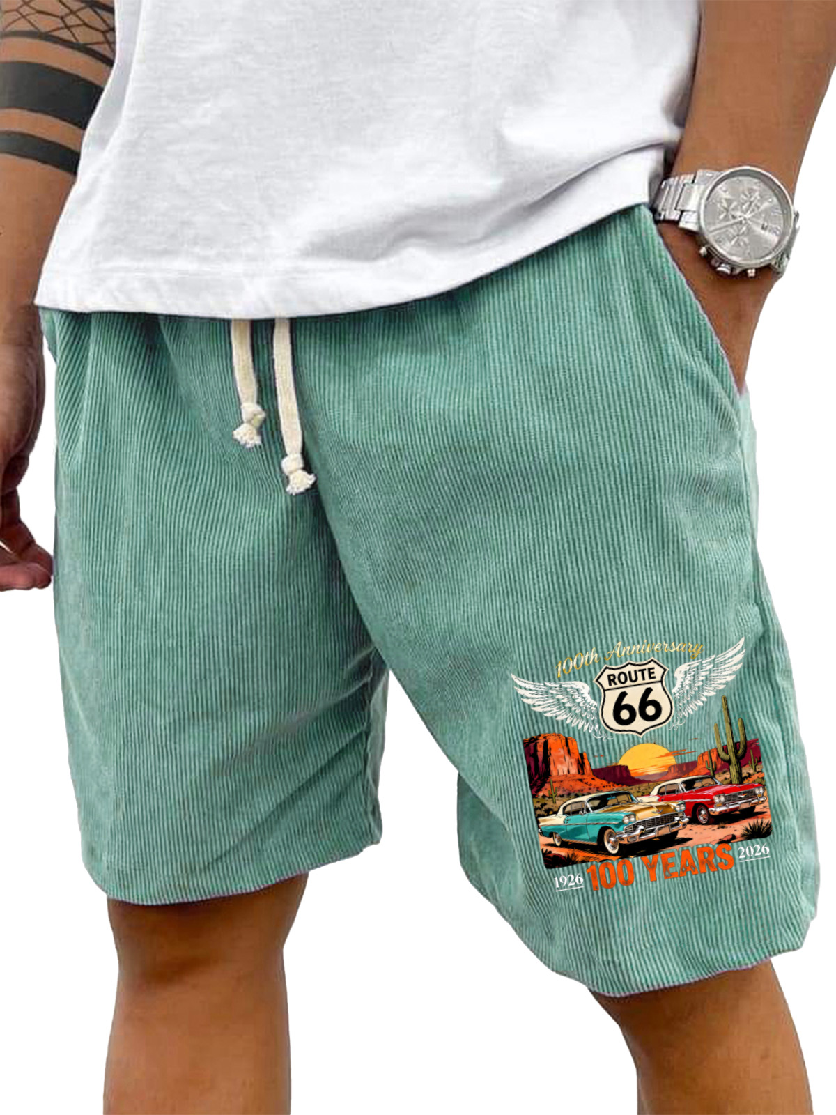 Men’s Corduroy Drawstring Shorts with Route 66 100 Years Graphic