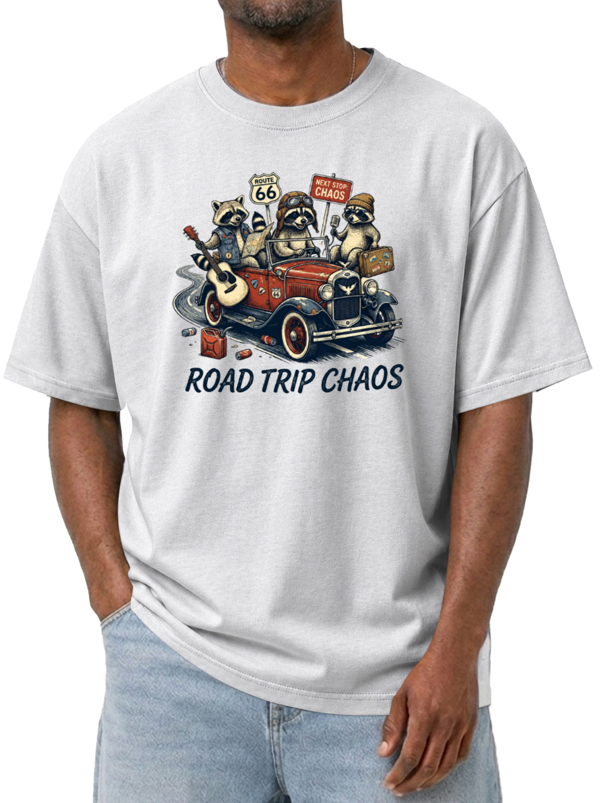 Men’s Road Trip Chaos T-Shirt Funny Raccoon Vintage Car Graphic Tee