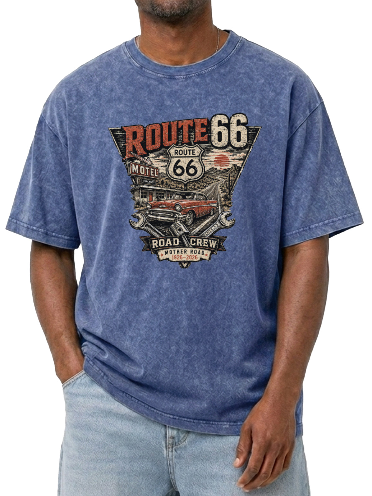 Men’s Vintage Washed Oversized T-Shirt with Route 66 Road Crew Vintage Car Graphic