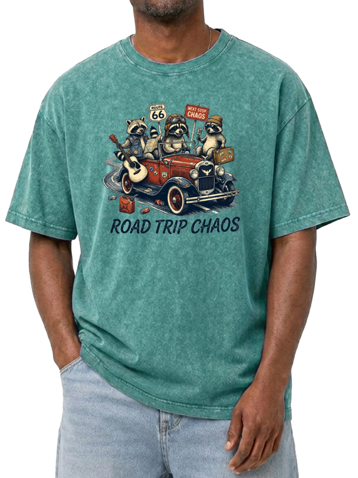 Men’s Road Trip Chaos T-Shirt Funny Raccoon Vintage Car Graphic Tee