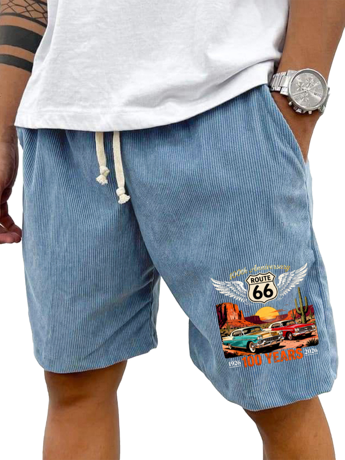 Men’s Corduroy Drawstring Shorts with Route 66 100 Years Graphic