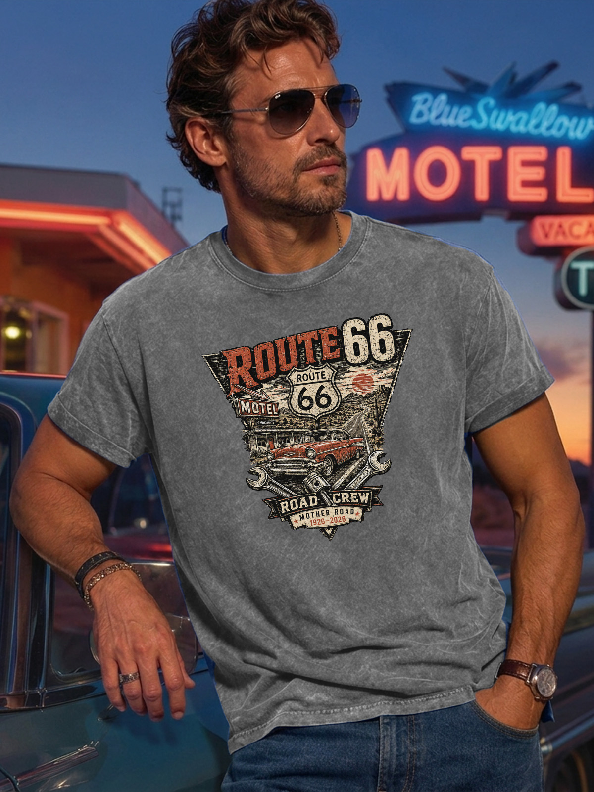 Men’s Vintage Washed Oversized T-Shirt with Route 66 Road Crew Vintage Car Graphic