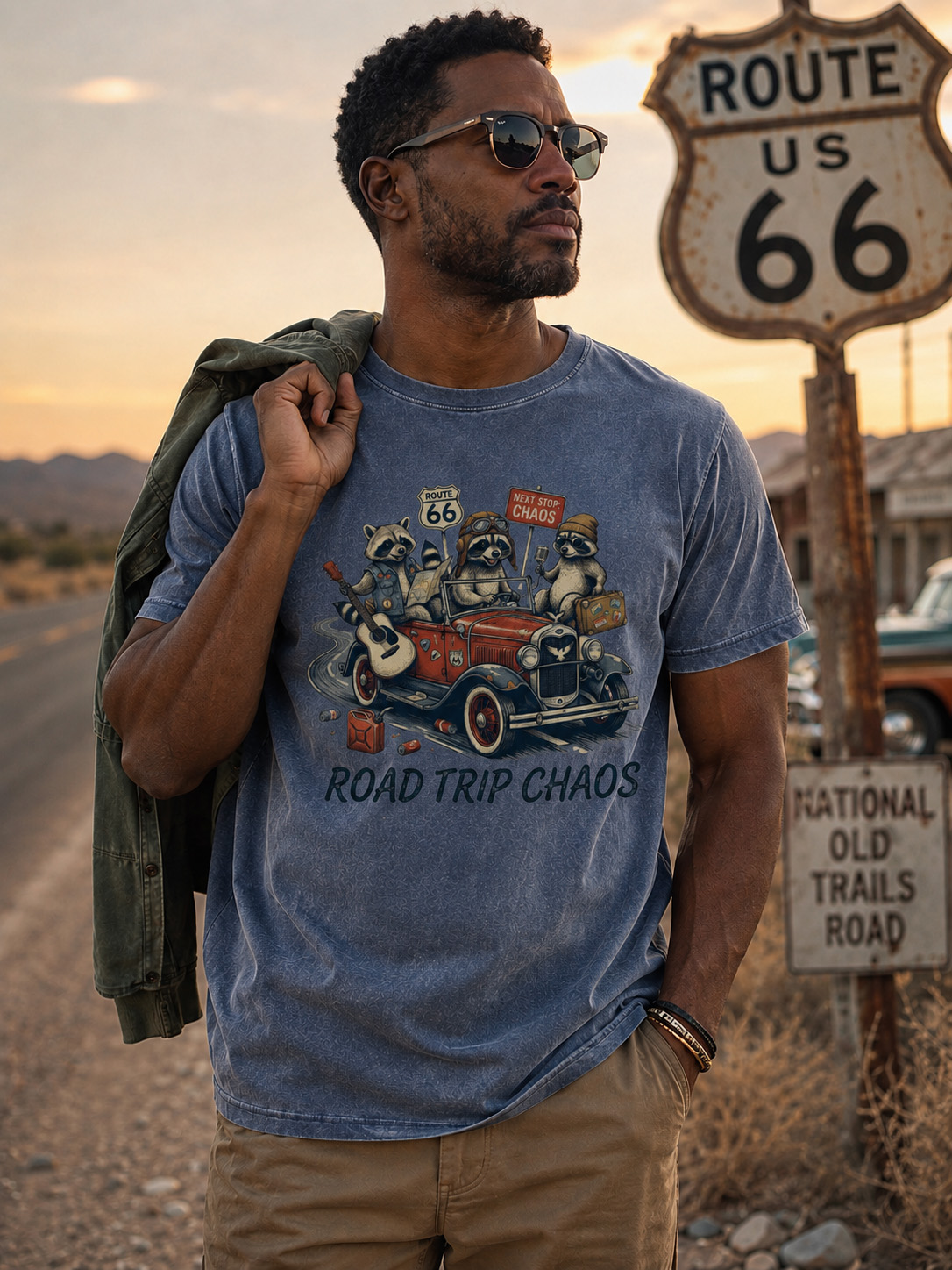 Men’s Road Trip Chaos T-Shirt Funny Raccoon Vintage Car Graphic Tee