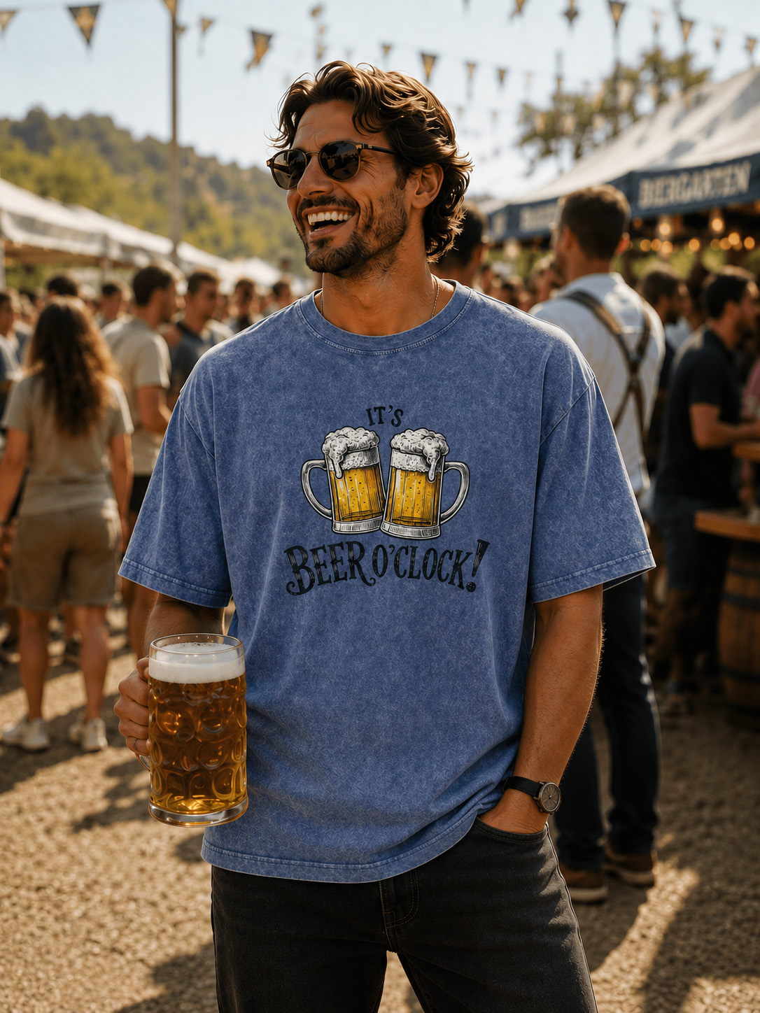 It's Beer O'clock Printed Washed Cotton T-shirt