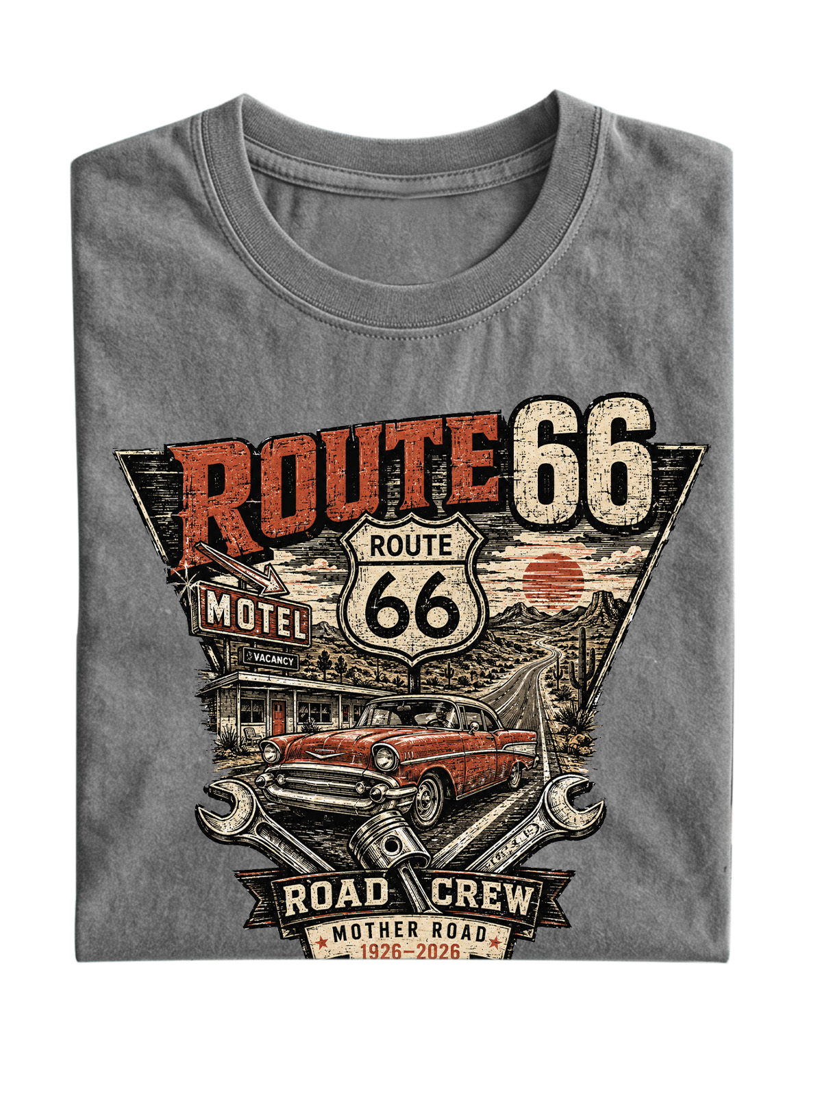 Men’s Vintage Washed Oversized T-Shirt with Route 66 Road Crew Vintage Car Graphic