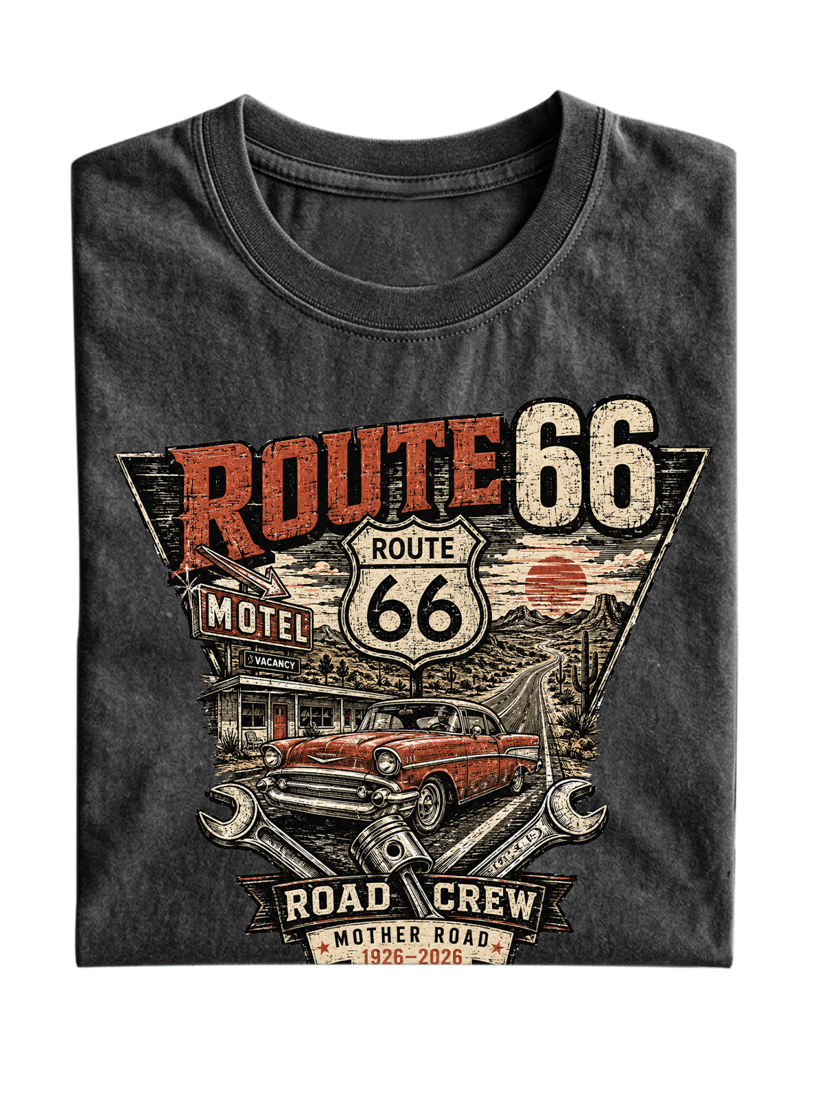 Men’s Vintage Washed Oversized T-Shirt with Route 66 Road Crew Vintage Car Graphic