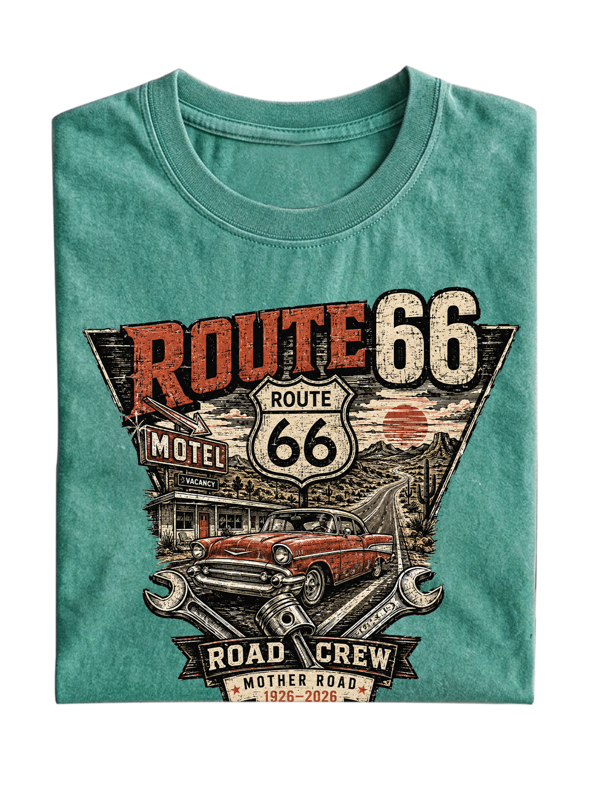 Men’s Vintage Washed Oversized T-Shirt with Route 66 Road Crew Vintage Car Graphic
