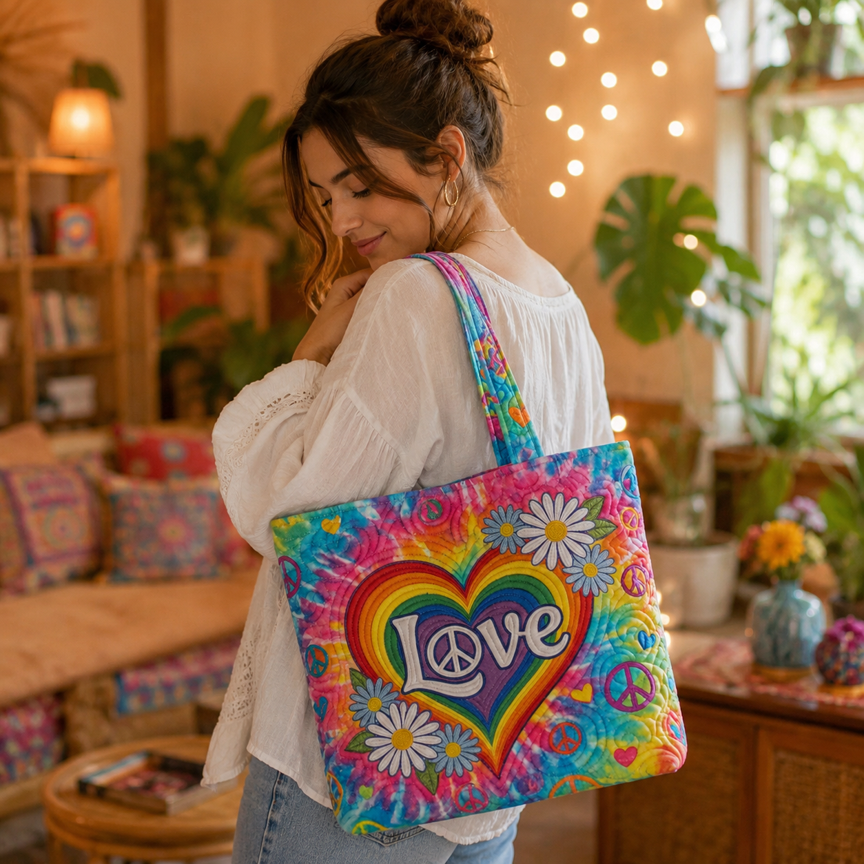 Rainbow "LOVE" Quilted Tote Bag
