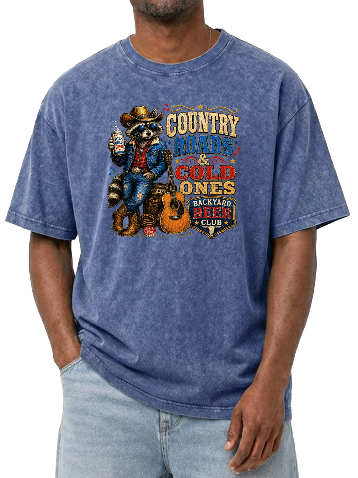 Vintage Raccoon Music And Beer Print Washed Short Sleeve Tee