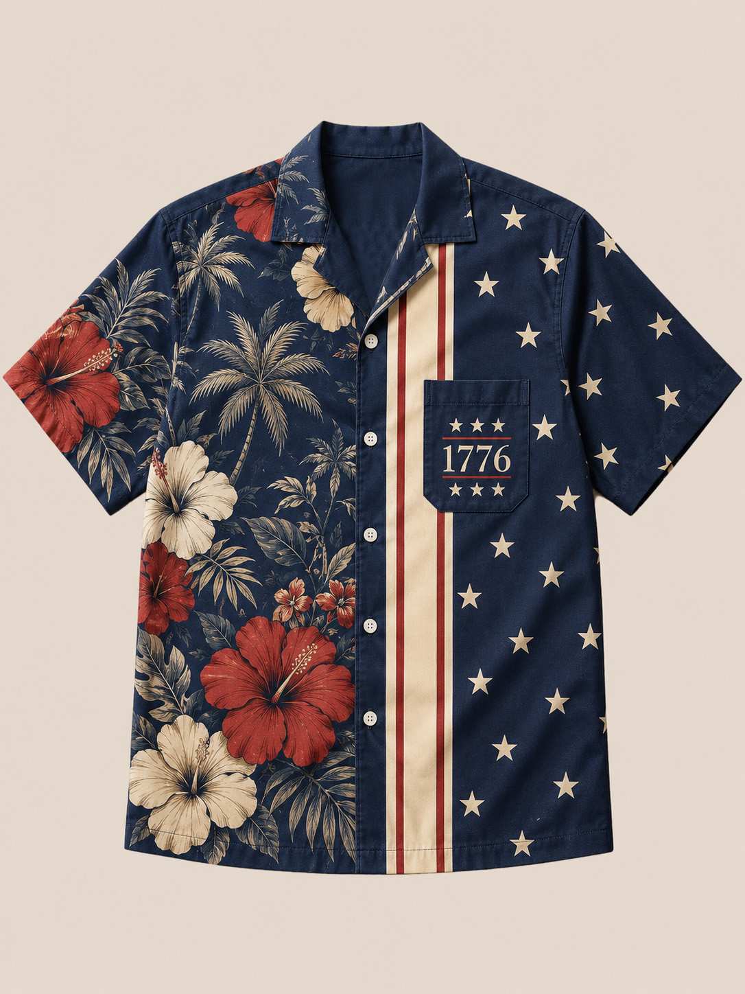 Men’s 1776 Patriotic Hawaiian Shirt with Stars Stripes and Hibiscus Print