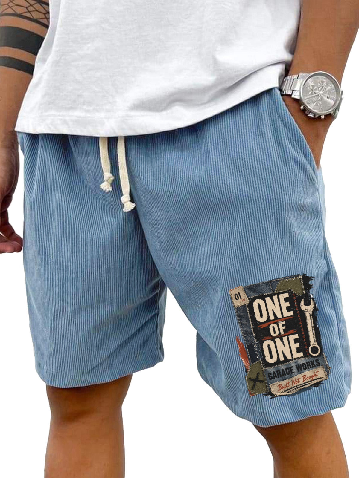 Men’s Corduroy Drawstring Shorts with One of One Garage Works Graphic