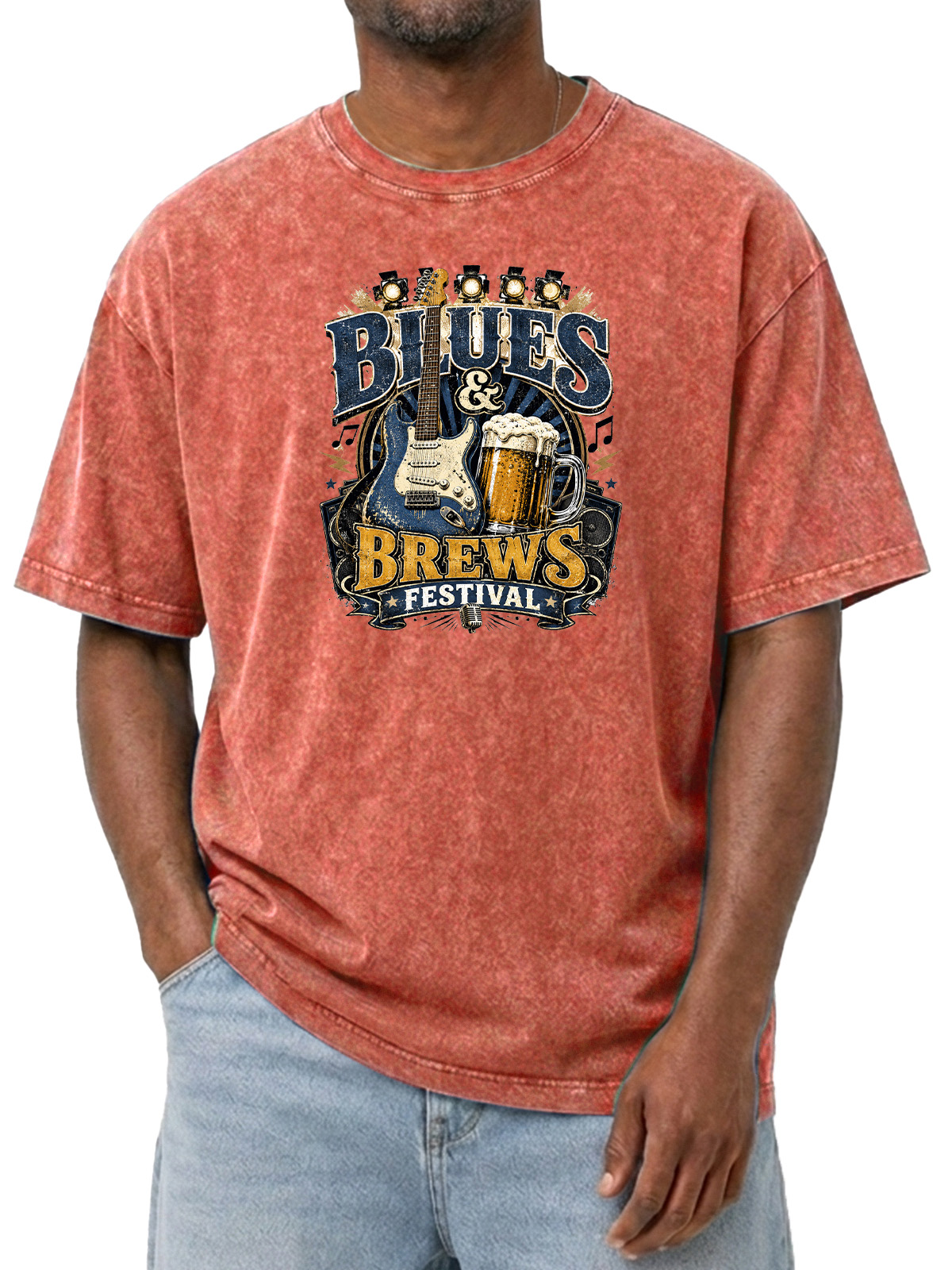 Men’s Blues & Brews Festival Tee Vintage Music Guitar Graphic Washed T-Shirt