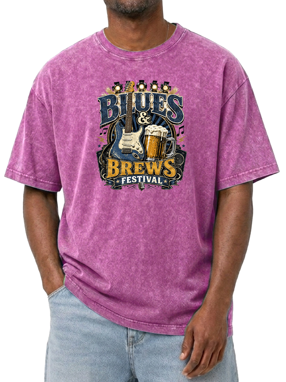 Men’s Blues & Brews Festival Tee Vintage Music Guitar Graphic Washed T-Shirt