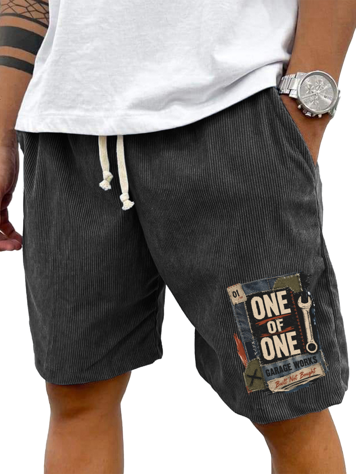Men’s Corduroy Drawstring Shorts with One of One Garage Works Graphic
