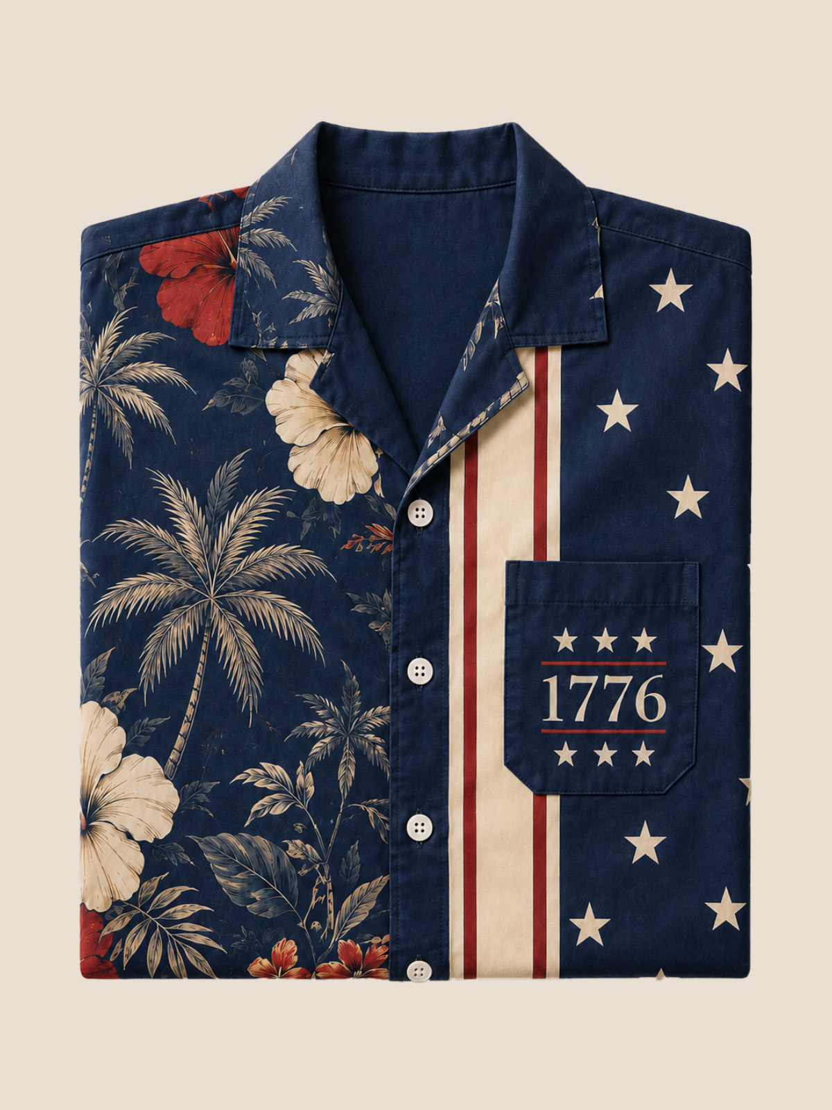 Men’s 1776 Patriotic Hawaiian Shirt with Stars Stripes and Hibiscus Print