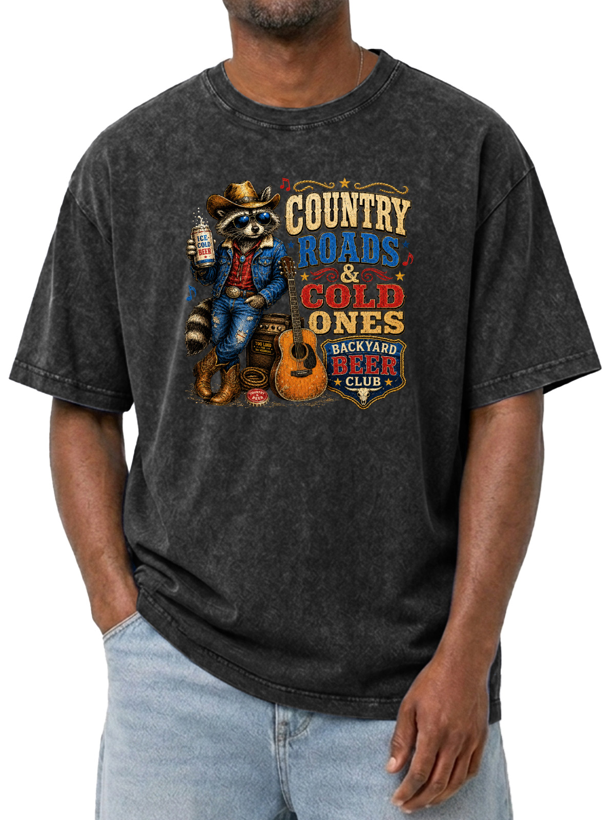 Vintage Raccoon Music And Beer Print Washed Short Sleeve Tee