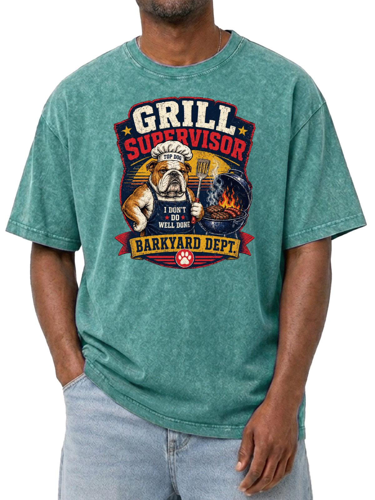 Men’s Vintage Washed Oversized T-Shirt with Grill Supervisor Bulldog BBQ Graphic