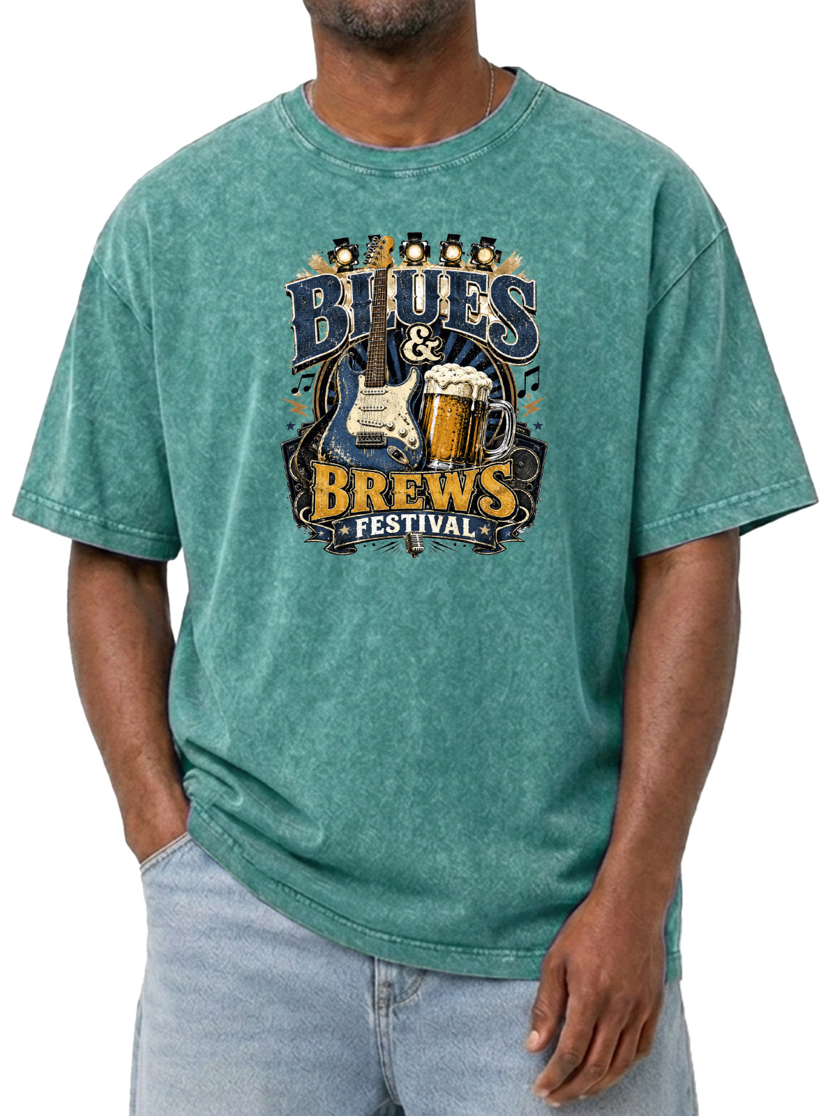 Men’s Blues & Brews Festival Tee Vintage Music Guitar Graphic Washed T-Shirt