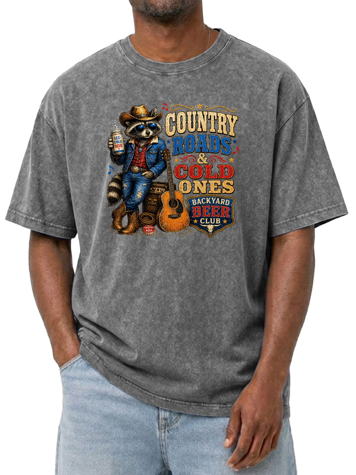 Vintage Raccoon Music And Beer Print Washed Short Sleeve Tee