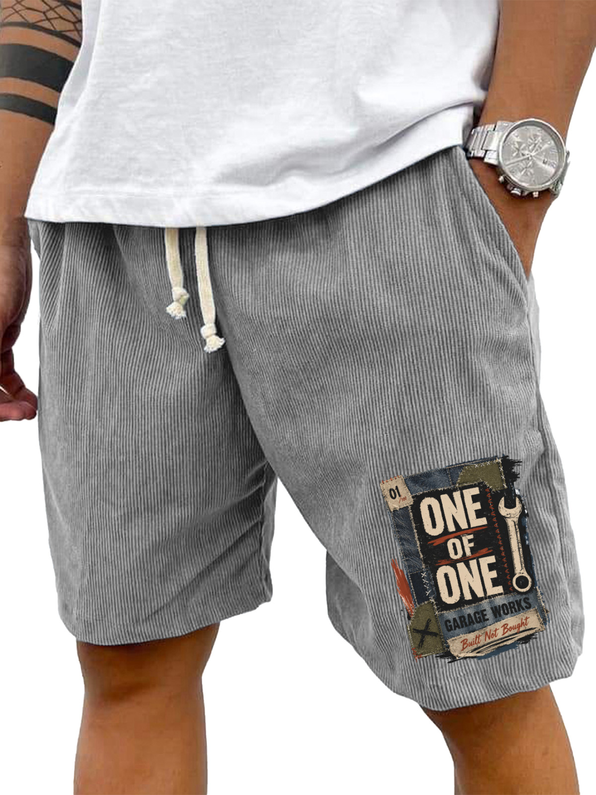 Men’s Corduroy Drawstring Shorts with One of One Garage Works Graphic