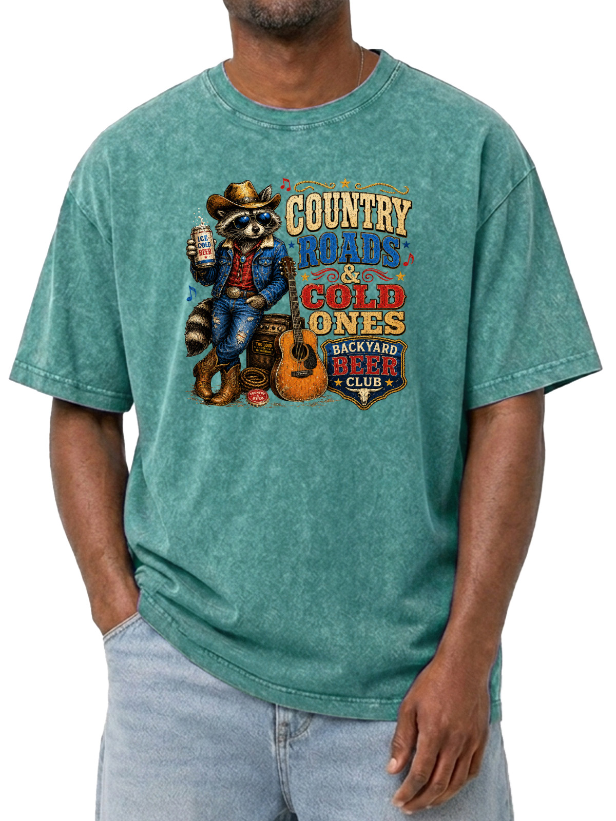 Vintage Raccoon Music And Beer Print Washed Short Sleeve Tee