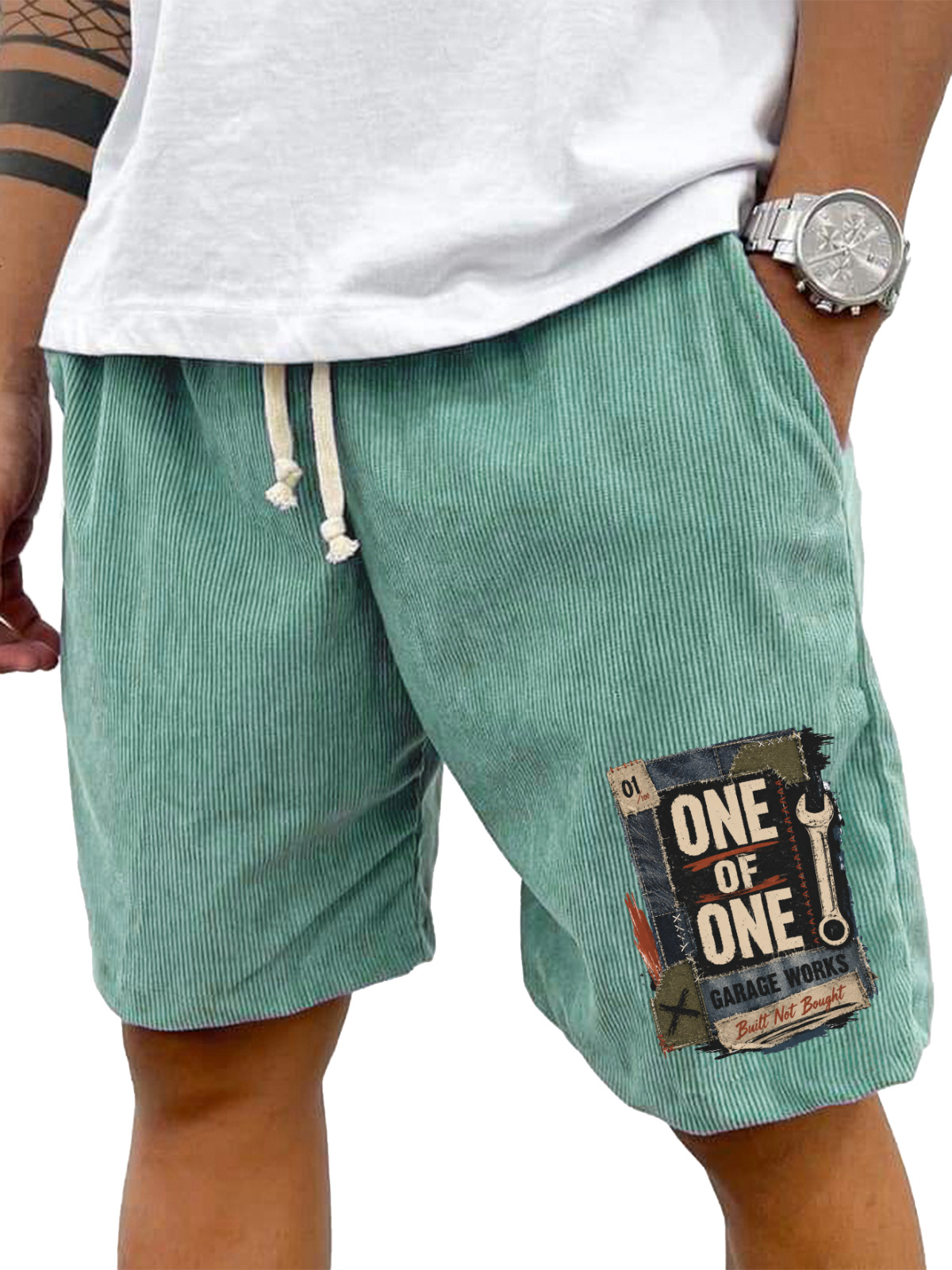 Men’s Corduroy Drawstring Shorts with One of One Garage Works Graphic