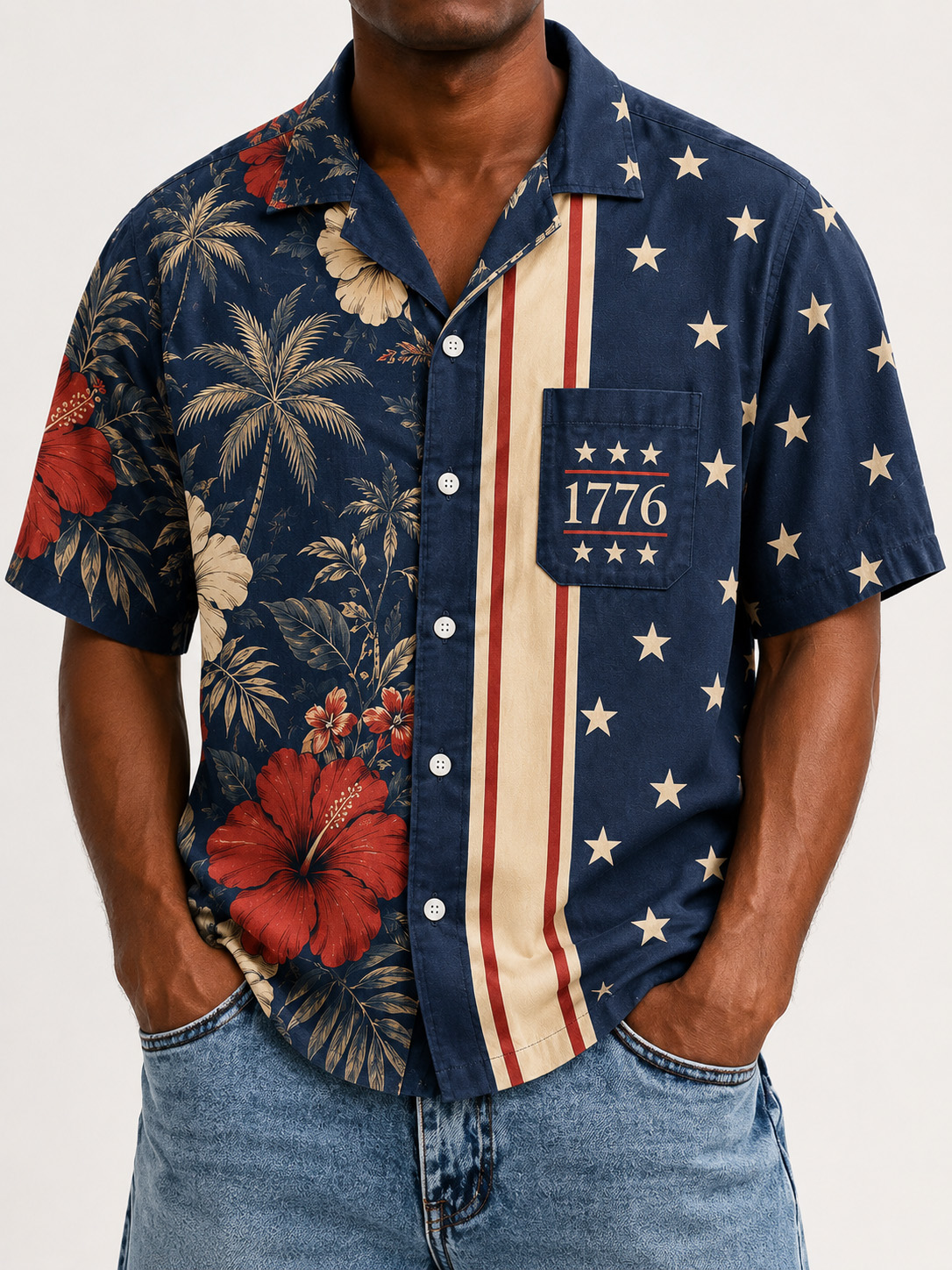 Men’s 1776 Patriotic Hawaiian Shirt with Stars Stripes and Hibiscus Print