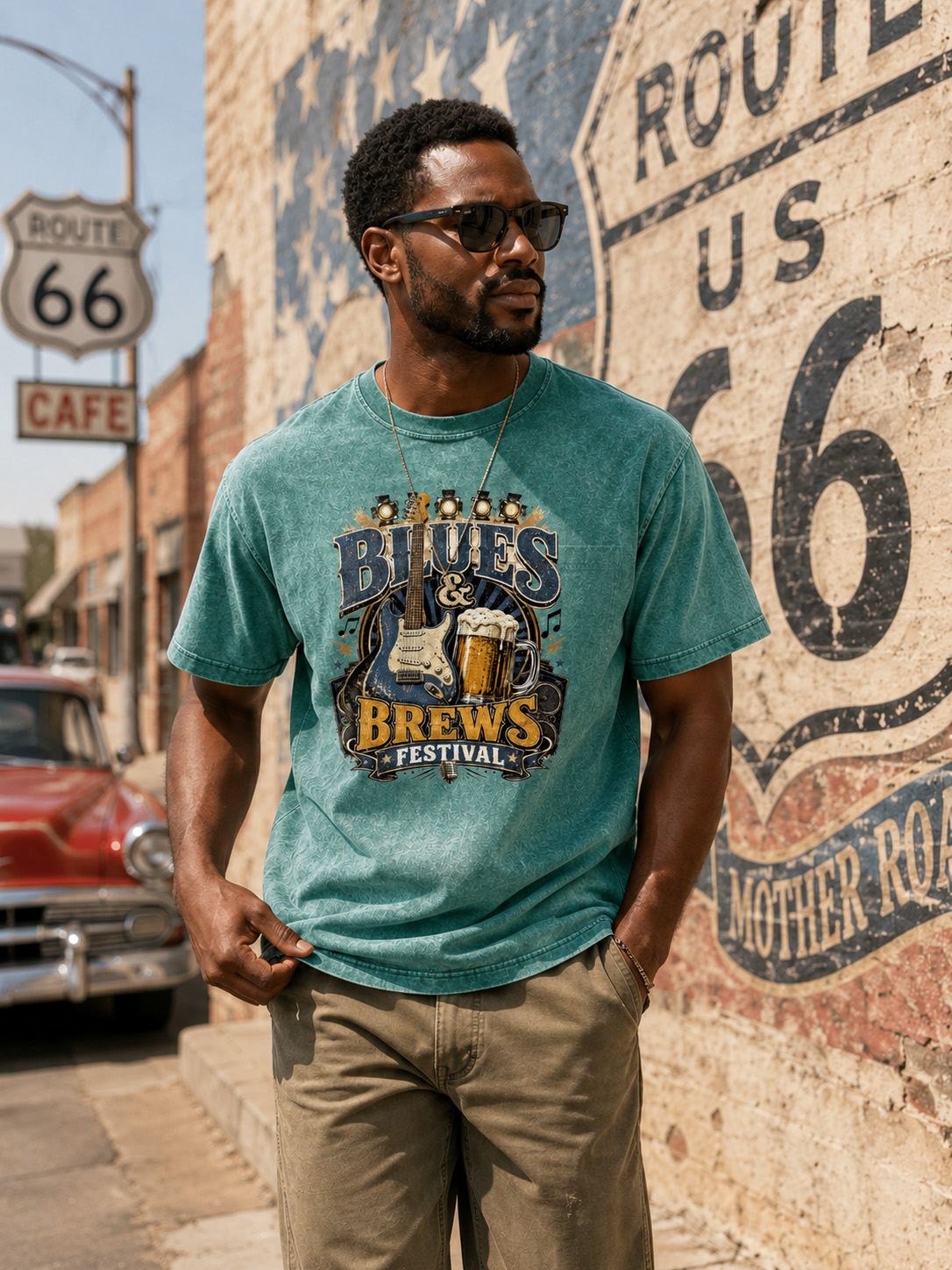Men’s Blues & Brews Festival Tee Vintage Music Guitar Graphic Washed T-Shirt