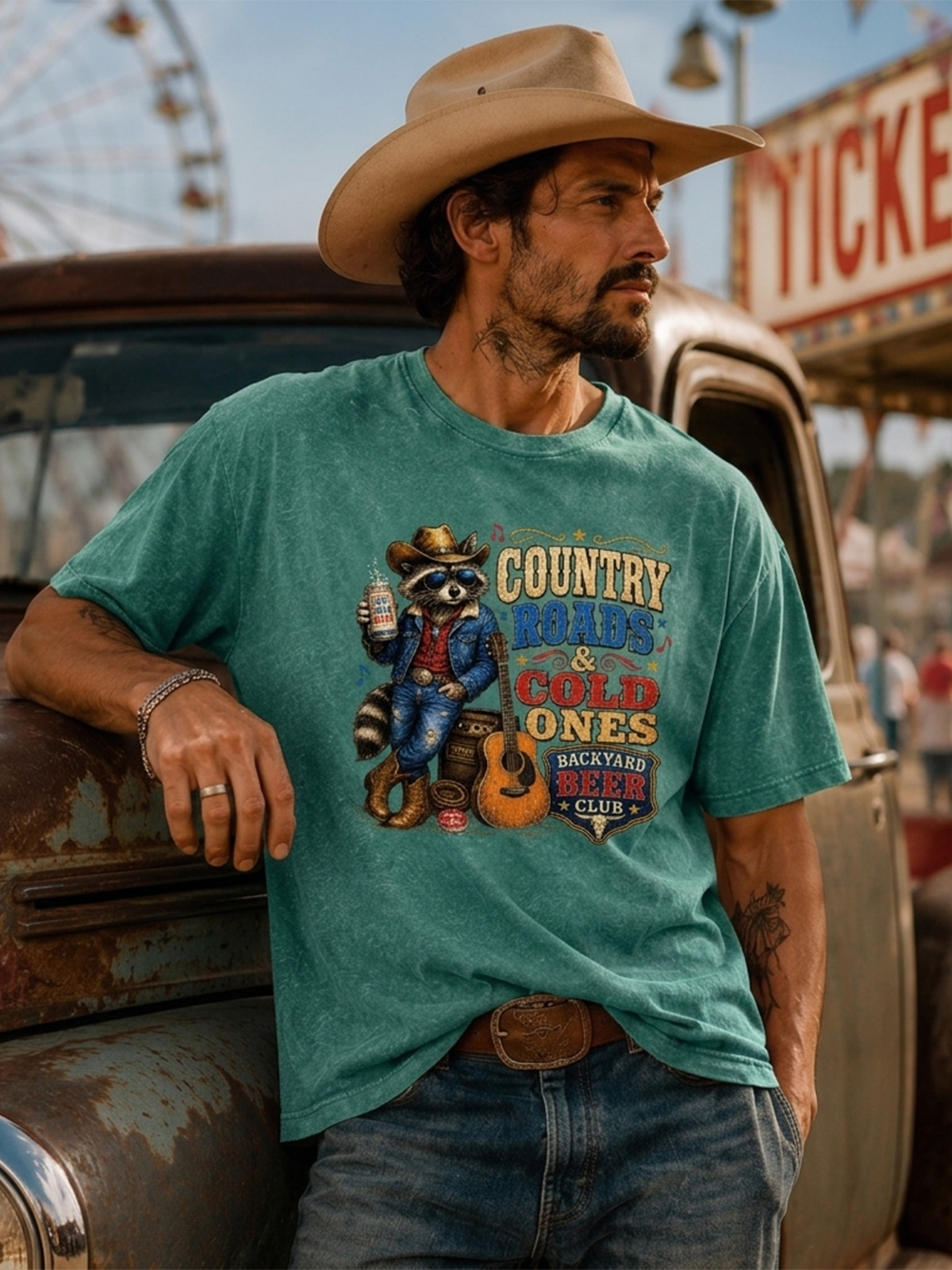 Vintage Raccoon Music And Beer Print Washed Short Sleeve Tee