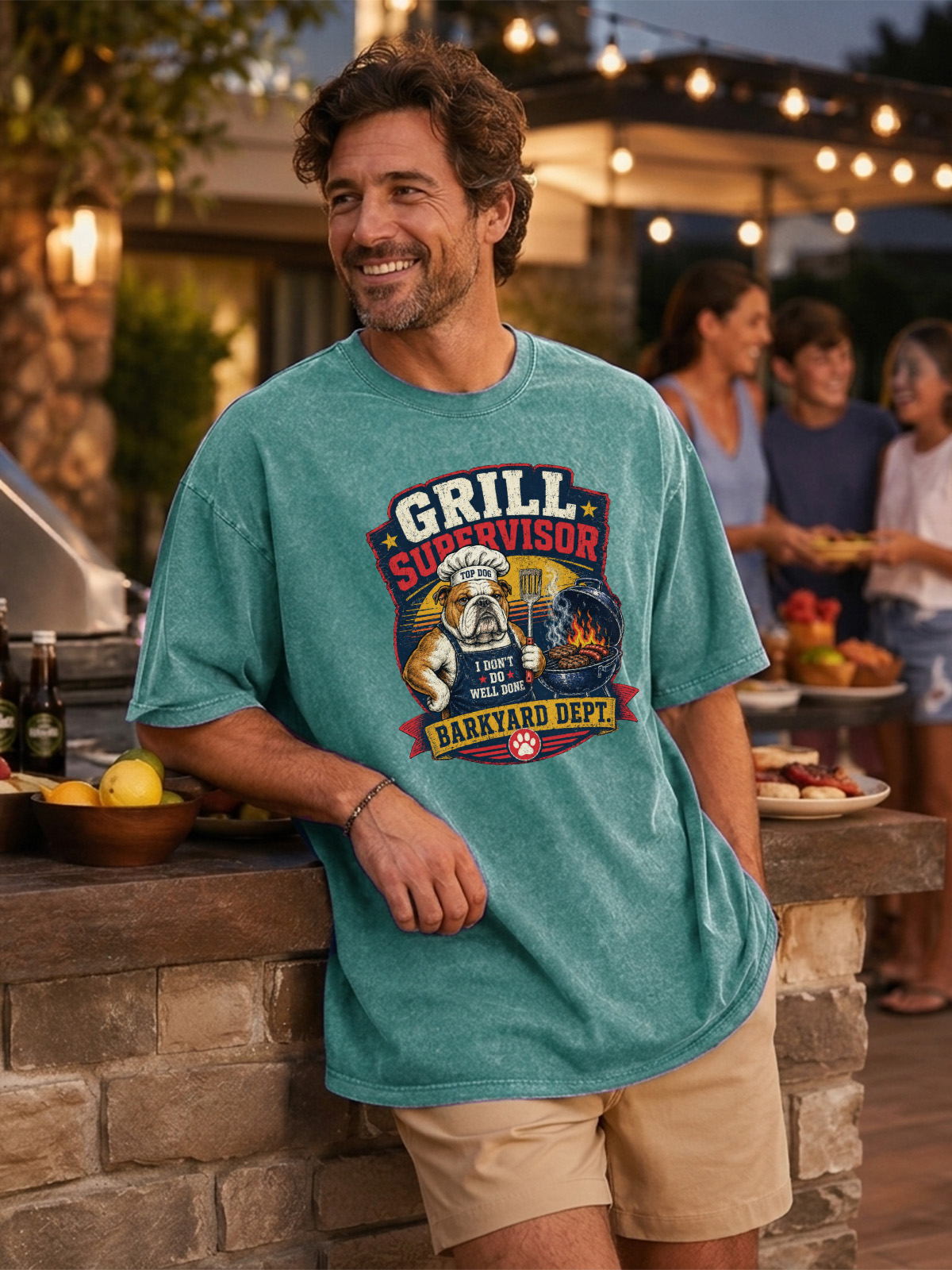 Men’s Vintage Washed Oversized T-Shirt with Grill Supervisor Bulldog BBQ Graphic